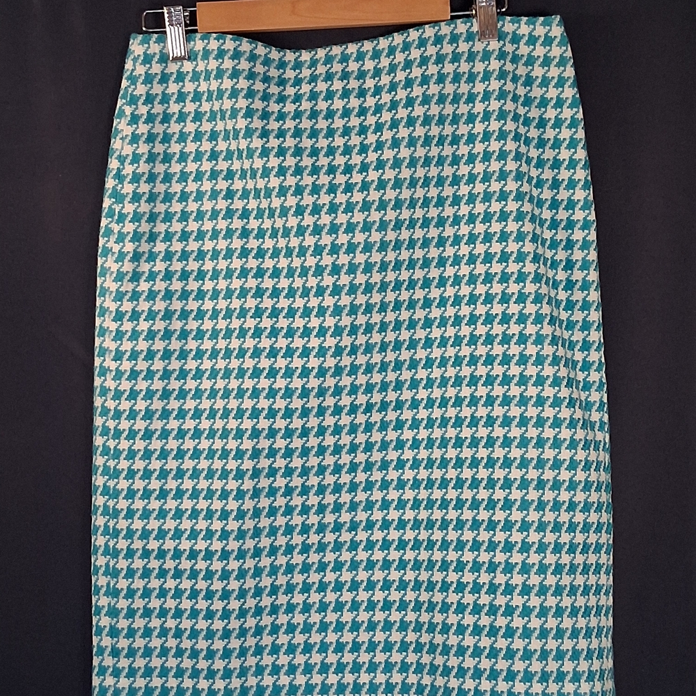 Talbots Teal and White Houndstooth Pencil Skirt
